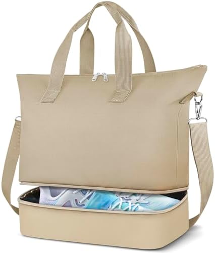 Duffel Bag for Women Men,Carry-On Weekender Overnight Bag with Shoe Compartment for Travel,Personal Item Gym Sports (Khaki)