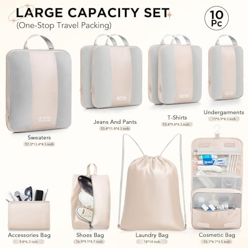 OlarHike 10 Set Compression Packing Cubes for Travel Women Mom,Luggage Clothes Storage Gifts for Travelers,Airplane/Cruise/Car/Train Travel Essentials,Compressible Expandable Saver Space Bags(Beige) - Image 2