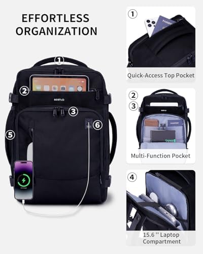 ECOHUB 17" Small Travel Backpack, United Airlines Personal Item Bag 17x10x9 with 16 Pockets, Water Resistant Rucksacks Fit 15.6" Laptop, AirTag Pocket, Lightweight Casual Daypack, 25L, Black - Image 4