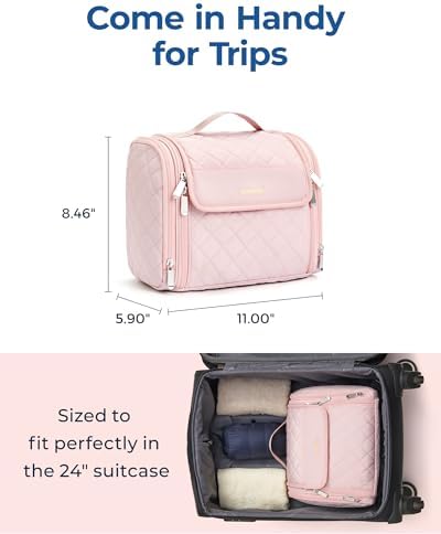 BAGSMART Makeup Bag for Women with Hanging Hook, Large Portable Capacity Water-resistant Organizer Travel Case for Toiletries and Cosmetics, Pink - Image 5