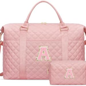 Personalized Initial Weekender Bags for Women, Travel Duffle Overnight Carry On Hospital Bag with Toiletry Bag, Gift for Daughter Kid Girl Wife(Pink,A)