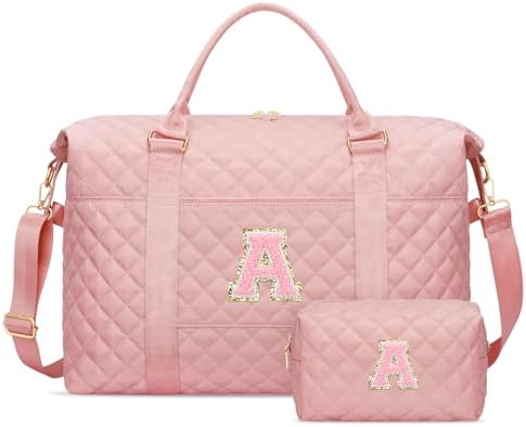 Personalized Initial Weekender Bags for Women, Travel Duffle Overnight Carry On Hospital Bag with Toiletry Bag, Gift for Daughter Kid Girl Wife(Pink,A)