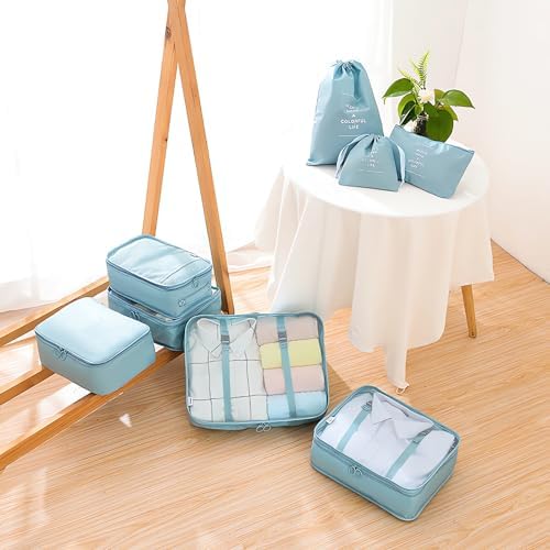 8 Set Packing Cubes for Suitcases Travel Luggage Packing Organizers,Travel Essentials Accessories Luggage Organizer with Shoe Bag Tioletry/Laundry Bag (light blue) - Image 3