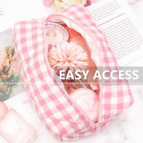 PAZIMIIK Cozy Makeup Bag Small Aesthetic Travel Zipper Cosmetic Pouch for Women Make Up Beauty Accessories Brushes Pink Checkered - Image 4