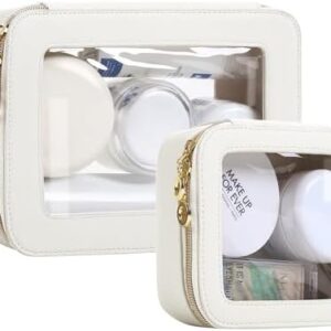 Leather Clear Makeup Bags Set - Travel Clear Cosmetic Bag Case with Zipper, Transparent TSA Approved Toiletry Bags for Travel Essentials Car Accessories for Women (White, S+M)