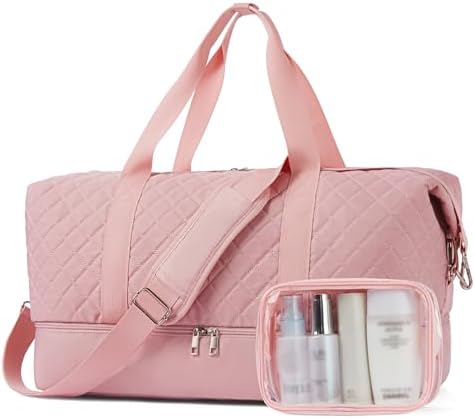 BOSTANTEN Large Travel Duffle Bag with Shoe Compartment and Trolley Sleeve, Waterproof Weekender Bags for Women, Pink