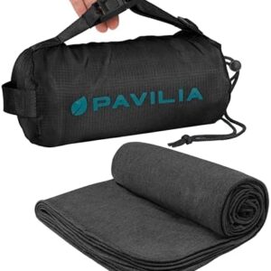 PAVILIA Travel Blanket Airplane Compact with Bag, Soft Packable Plane Blanket Kids Adults, Portable Camping Flight Essentials, Travelers Gifts Accessories, Luggage Backpack Strap, 65x40 Black