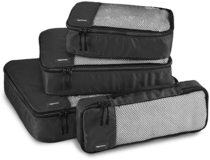 Amazon Basics Lightweight Packing Cubes Travel Organizer Set with Double Zipper, Mesh Top, Small, Medium, Large, Slim, Black, 4 Piece