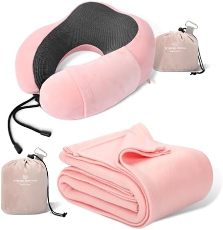 Pink Travel Neck Pillow and Blanket Set for Airplane Travel Essentials Womens Memory Foam Neck Pillow and Compact Soft Airplane Blanket with Bag for Traveling Airport Car Sleeping