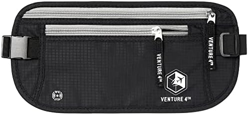VENTURE 4TH Travel Money Belt - Slim Passport Holder RFID Blocking Travel Pouch to Protect Cash, Credit Cards and Travel Documents (Black)