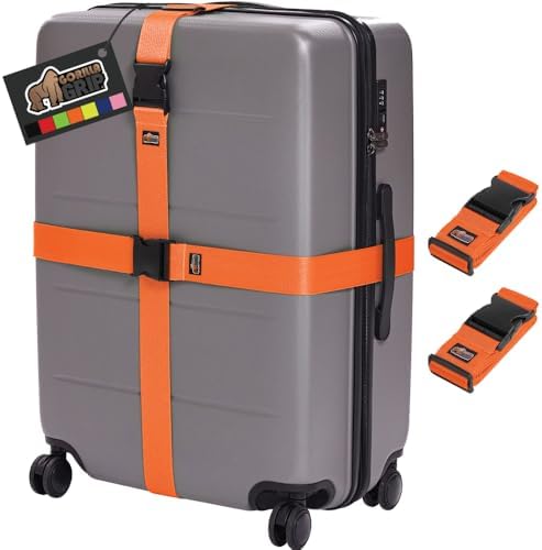 GORILLA GRIP Heavy Duty Adjustable Luggage Straps for Suitcases, Easy to Identify Travel Belt Connector Holds Suitcase Together, Extends Life of Bag, Strap Connects Two Bags, Accessories 2 Pack Orange
