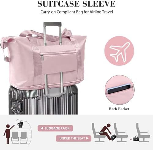 Travel Duffel Bag - Large Shoulder Weekender Overnight Bag, Carry on Bags with Wet Pocket, Waterproof Expandable Duffel Bags with Trolley Sleeve for Sports Travel Gym, Pink - Image 4