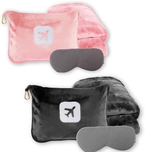2 Pack Portable Travel Blanket and Pillow - Premium Soft 2 in 1 Airplane Blanket with Compact Pack Soft Bag Pillowcase, Hand Luggage Sleeve and Backpack Clip (Gray+Pink)