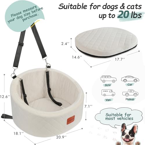 Dog Car Seat for Small Dogs,Comfy Pet Travel Car Bed with 2 Clip-On Leashes,Fully Removable & Washable,Non-Slip Base with Seatbelt Channle,Easy to Install (Beige, Small) - Image 2