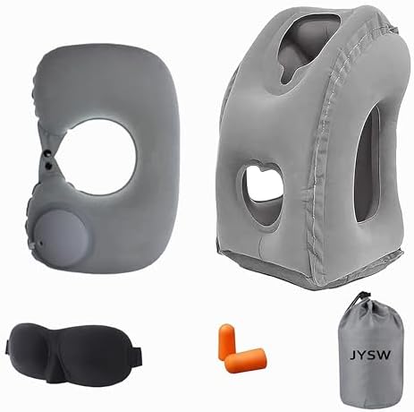 Inflatable Travel Pillow,U-Shaped JYSW Portable Airplane Pillow Multifunctional Neck and Head Support Lap Pillow for Airplanes Trains Buses and Office Napping with Eye Mask, Earplugs, Grey - Image 9