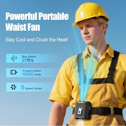 GVY Portable Waist Fan 10000mAh, Up to 40H Runtime, Clip on Belt Fan with 5-Speed 16000 RPM Turbo Airflow, Hands-Free Use on Neck/Waist/Desk, Personal Wearable Fan for Outdoor Work, Camping, Travel - Image 2
