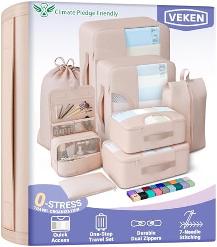 Veken 8 Set Packing Cubes for Travel, Gifts for Women Mom, Suitcase Organizer Bags for Luggage with Hanging Toiletry Bag and Shoe Bag, Vacation Essentials Travel Accessories for Cruise Ship
