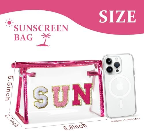 COSHAYSOO Clear Makeup Bag Sunscreen Pouch Summer Things Accessories Waterproof Beach Pool Essentials Stuff Air Cruise Travel Toiletry Gifts for Women Teenage Girls with Chenille Letter Pink SUN - Image 2