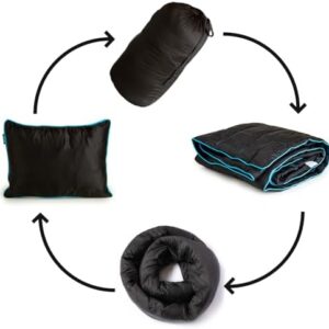 Ripstop Outdoor Camping Pillow and Blanket 3-in-1, Versatile Lightweight Nylon Waterproof Stadium Blanket, Ultralight Backpacking Essentials, Travel Blanket and Pillow Set - Black/Turquoise