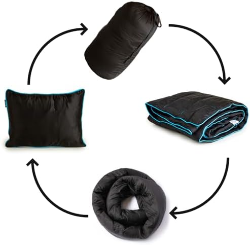 Ripstop Outdoor Camping Pillow and Blanket 3-in-1, Versatile Lightweight Nylon Waterproof Stadium Blanket, Ultralight Backpacking Essentials, Travel Blanket and Pillow Set - Black/Turquoise