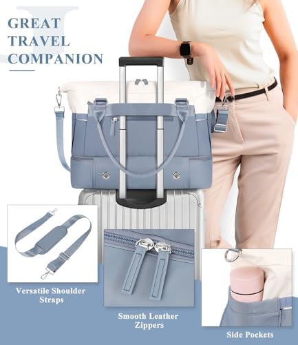 ETRONIK Weekender Bags for Women, Personal Item Travel Bag with Shoe Compartment, Carry On Overnight Bag with Toiletry Bag, Gym Bag with Wet Pocket, Duffel Bag for Travel, Sports, Hospital Blue&White - Image 3