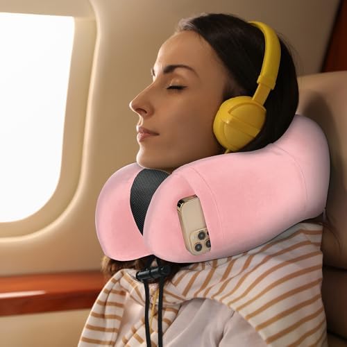 Pink Travel Neck Pillow and Blanket Set for Airplane Travel Essentials Womens Memory Foam Neck Pillow and Compact Soft Airplane Blanket with Bag for Traveling Airport Car Sleeping - Image 4