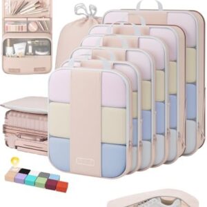 OlarHike 10 Set Compression Packing Cubes for Travel Women Mom,Luggage Clothes Storage Gifts for Travelers,Airplane/Cruise/Car/Train Travel Essentials,Compressible Expandable Saver Space Bags(Beige)