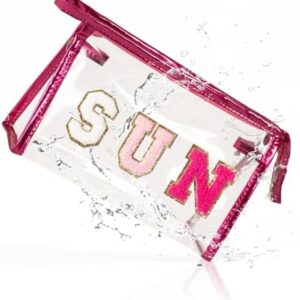 COSHAYSOO Clear Makeup Bag Sunscreen Pouch Summer Things Accessories Waterproof Beach Pool Essentials Stuff Air Cruise Travel Toiletry Gifts for Women Teenage Girls with Chenille Letter Pink SUN