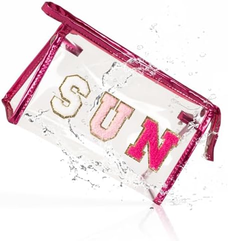COSHAYSOO Clear Makeup Bag Sunscreen Pouch Summer Things Accessories Waterproof Beach Pool Essentials Stuff Air Cruise Travel Toiletry Gifts for Women Teenage Girls with Chenille Letter Pink SUN