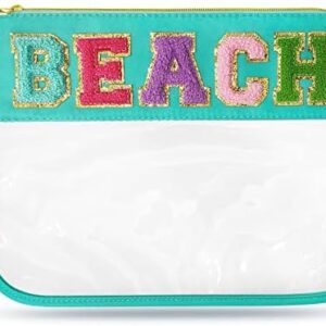 Chenille Letter Clear Travel Zipper Pouch Nylon Makeup Bag, Preppy Makeup Bag Clear Cosmetic Toiletry Bag, Water-proof Makeup Travel Pouch Snack Bags for Women (Mint Green-Beach)