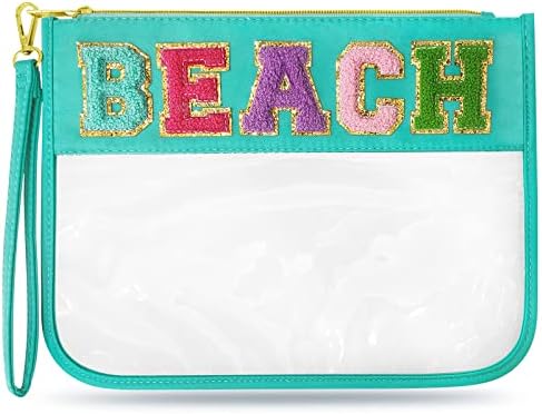 Chenille Letter Clear Travel Zipper Pouch Nylon Makeup Bag, Preppy Makeup Bag Clear Cosmetic Toiletry Bag, Water-proof Makeup Travel Pouch Snack Bags for Women (Mint Green-Beach)