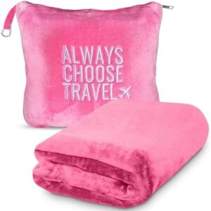Premium Pillow Blanket Set - 2-in-1 Packable Travel Blanket and Pillow with Hand Luggage Sleeve, Backpack Clip, and Soft Portable Pillowcase - Airplane Blanket for Travel - (Pink)