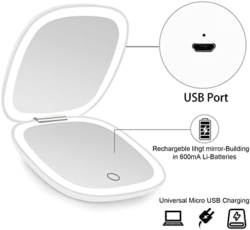 deweisn Compact Mirror, Lighted Travel Makeup Mirror with 1X/10X Magnifying Double Sided Dimmable Portable Pocket for Handbag and Pocket, USB Charging(White) - Image 6