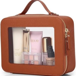 Clear Makeup Bag Waterproof Travel Case for Cosmetics and Toiletries Women's Makeup Organizer and Car Bag with Zipper (X/Brown, L-1)