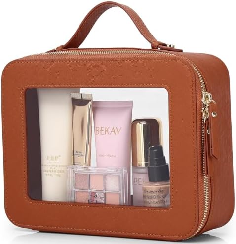 Clear Makeup Bag Waterproof Travel Case for Cosmetics and Toiletries Women's Makeup Organizer and Car Bag with Zipper (X/Brown, L-1)