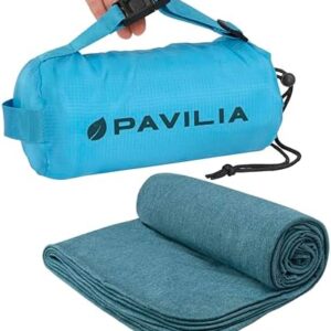 PAVILIA Travel Blanket Airplane Compact with Bag, Soft Packable Plane Blanket Kids Adults, Portable Camping Flight Essentials, Travelers Gifts Accessories, Luggage Backpack Strap, 65x40 Teal Blue
