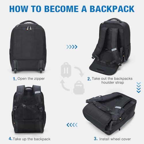 Rolling Backpack - 15.6 inch Laptop Backpack for Adults with Wheels Flight Approved Water Resistant Carry on Wheeled Backpacks for Travel Trip Business College Commute Black - Image 6