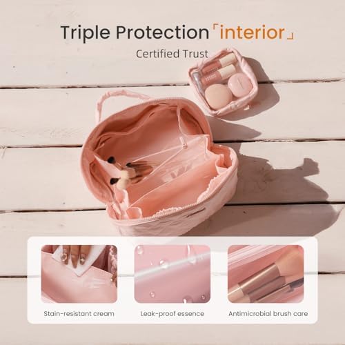 LOVEVOOK Travel Makeup Bag for Women, 2Pcs Set Puffer Waterproof Cosmetic Organizer, Large Capacity Pouch Open Flat Toiletry Bag with Divider & Handle, Portable Gift for Her, Pink - Image 5