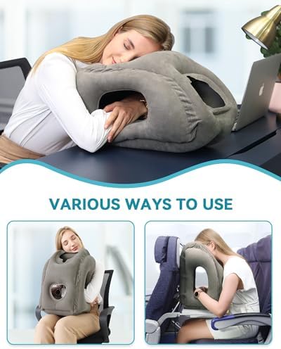 JefDiee Inflatable Travel Pillow, Airplane Neck Pillow Comfortably Supports Head and Chin for Airplanes, Trains, Cars Office Napping on The Tray Table (Grey) - Image 4