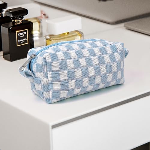 Small Cute Checkered Makeup Bag - Portable Cosmetic Pouch with Zipper, Travel Toiletry Bag, Purse Organizer, Beauty Storage, Blue - Image 8