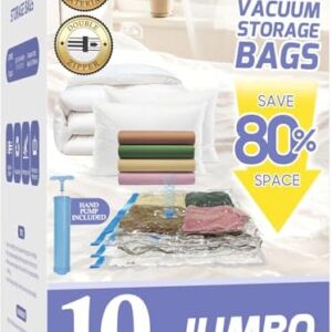 10 Pack Jumbo Vacuum Storage Bags with Hand Pump, 80% Storage Space Saving, Sturdy Leak-Free Space Saver Vacuum Seal Bags for Clothing, Vacuum Compression Bags for Travel Lugggage Blankets Comforters