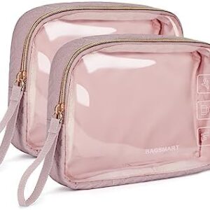 BAGSMART TSA Approved Toiletry Bag, 2 Pack Clear Makeup Cosmetic Bag Organizer, Quart Size Travel Bag for Toiletries, Carry-on Travel Accessories Essentials - Pink