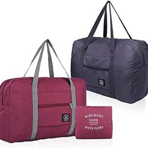 2 Pack Foldable Travel Bag Waterproof Travel Duffel Bag,Women Ladies Man Canvas Weekender Bag Overnight Carry-on Tote Duffel in Trolley Handle (Black&Rred)…