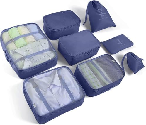 8 Set Packing Cubes for Suitcases Travel Luggage Packing Organizers,Travel Essentials Accessories Luggage Organizer with Shoe Bag Tioletry/Laundry Bag(Dark Blue)