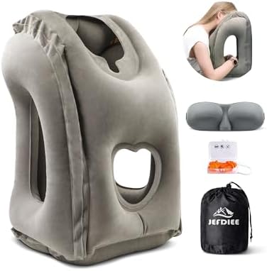 JefDiee Inflatable Travel Pillow, Airplane Neck Pillow Comfortably Supports Head and Chin for Airplanes, Trains, Cars Office Napping on The Tray Table (Grey)