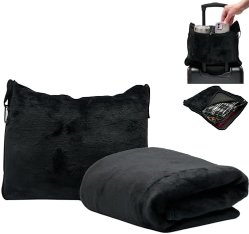 TAKE OFF All-in-One Travel Blanket and Pillow - Super Soft Microfiber Fabric, 3 Day Clothing Storage with Secure Zipper Pockets Keep Valuables Safe, Hand Free Trolley Holder, Ultimate Travel Accessory