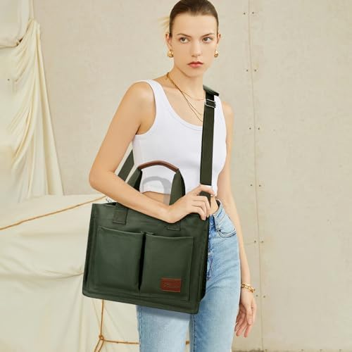 KKXIU Large Canvas Tote Bag for Women with Zipper and Compartments Crossbody Work Bible Messenger Purse Bag With Pockets - Image 6