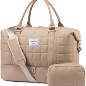 LOVEVOOK Large Duffle Bag for Travel, Puffer Weekend Bags for Women Travel Tote, Carry on Duffel Bag for Airplanes, 18 Inch Personal Item Bag Gym Bag Women, Coffee