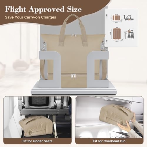 Duffel Bag for Women Men,Carry-On Weekender Overnight Bag with Shoe Compartment for Travel,Personal Item Gym Sports (Khaki) - Image 5