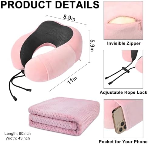 Travel Pillow and Blanket Set Neck Pillow Airplane Memory Foam for Traveling Compact with Bag Pink - Image 4